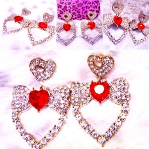 Gold ruby red and white crystal heart drop earring